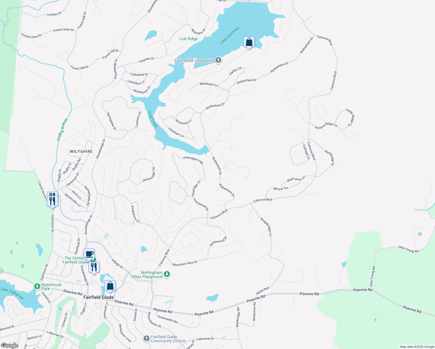 map of restaurants, bars, coffee shops, grocery stores, and more near 143 Rotherham Drive in Crossville