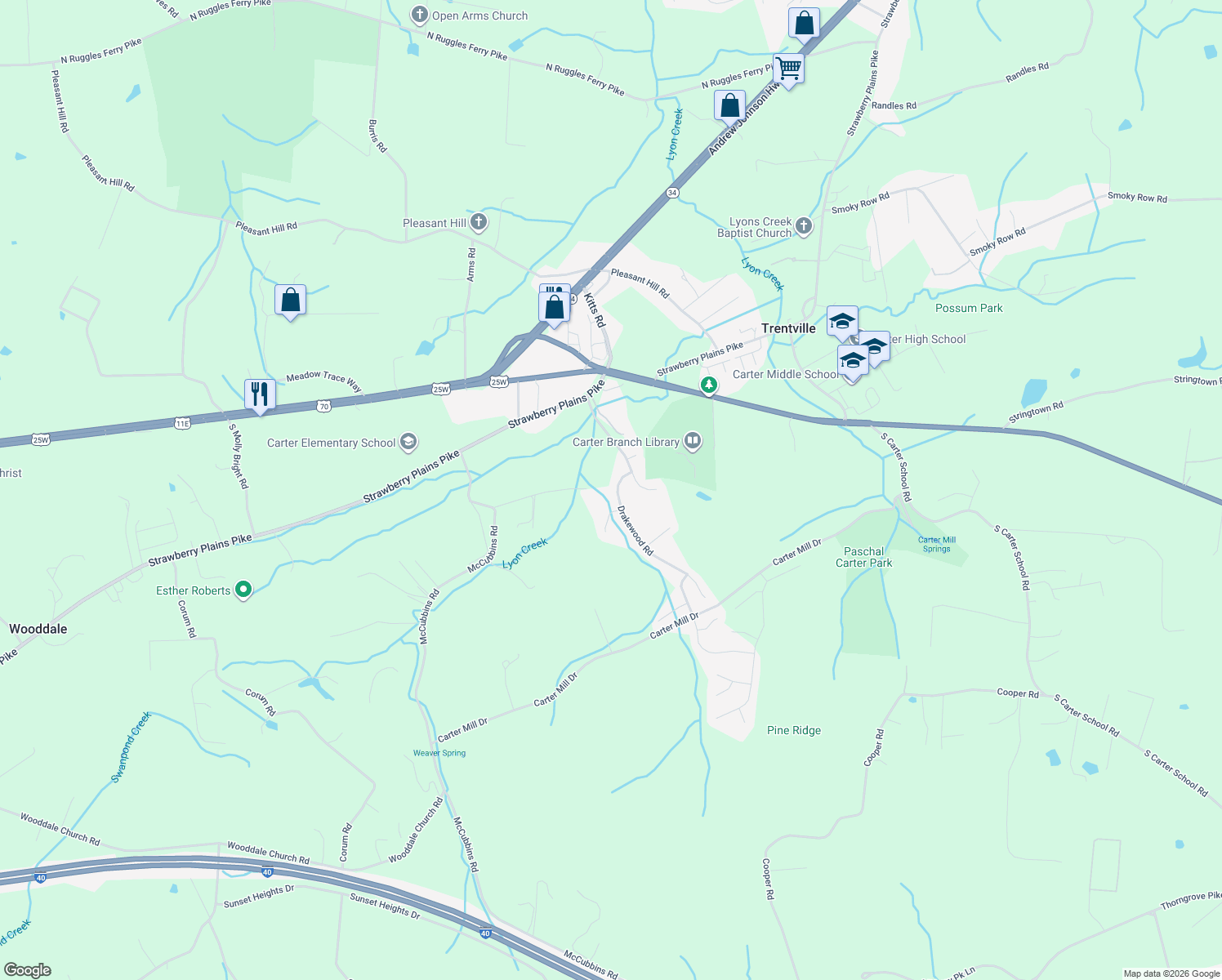 map of restaurants, bars, coffee shops, grocery stores, and more near 425 Drakewood Road in Knoxville