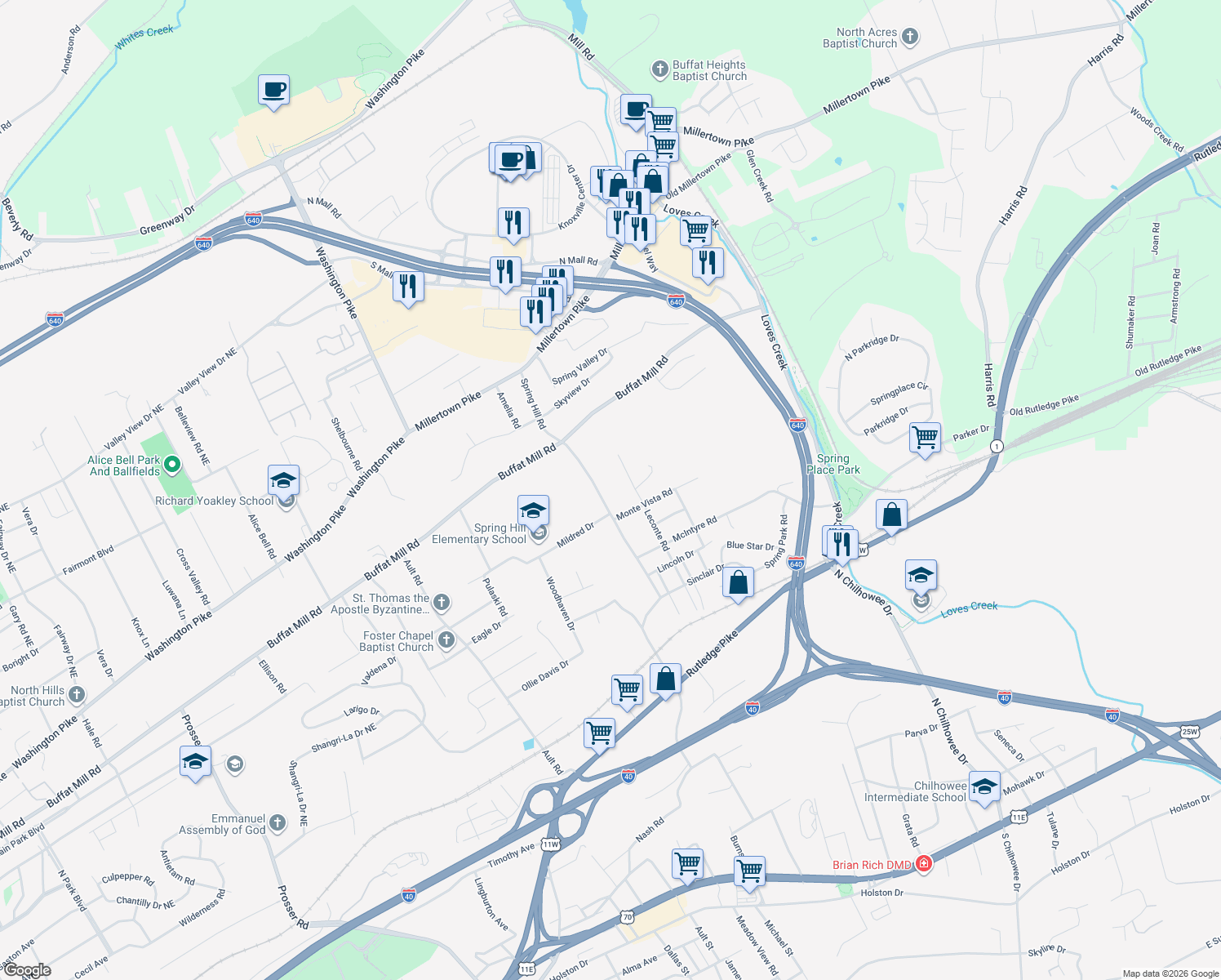 map of restaurants, bars, coffee shops, grocery stores, and more near 2112 Spring Hill Road in Knoxville
