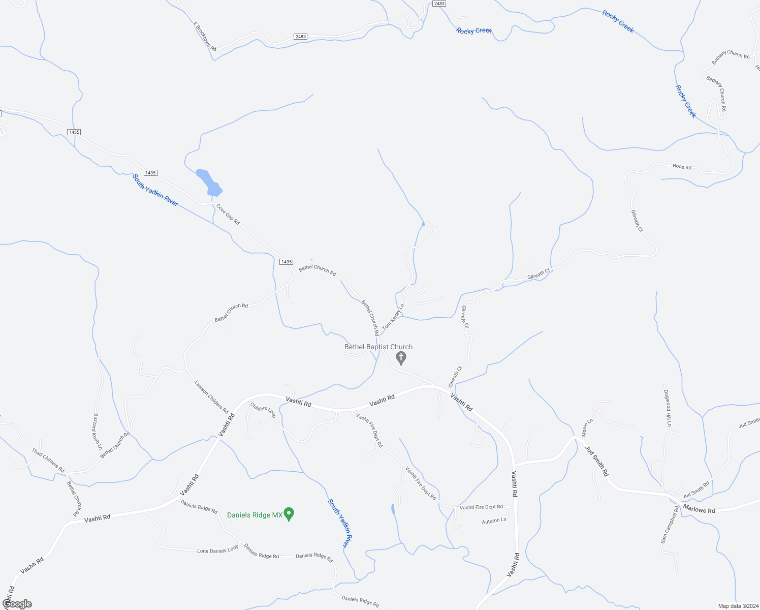 map of restaurants, bars, coffee shops, grocery stores, and more near 2401 Bethel Church Road in Moravian Falls