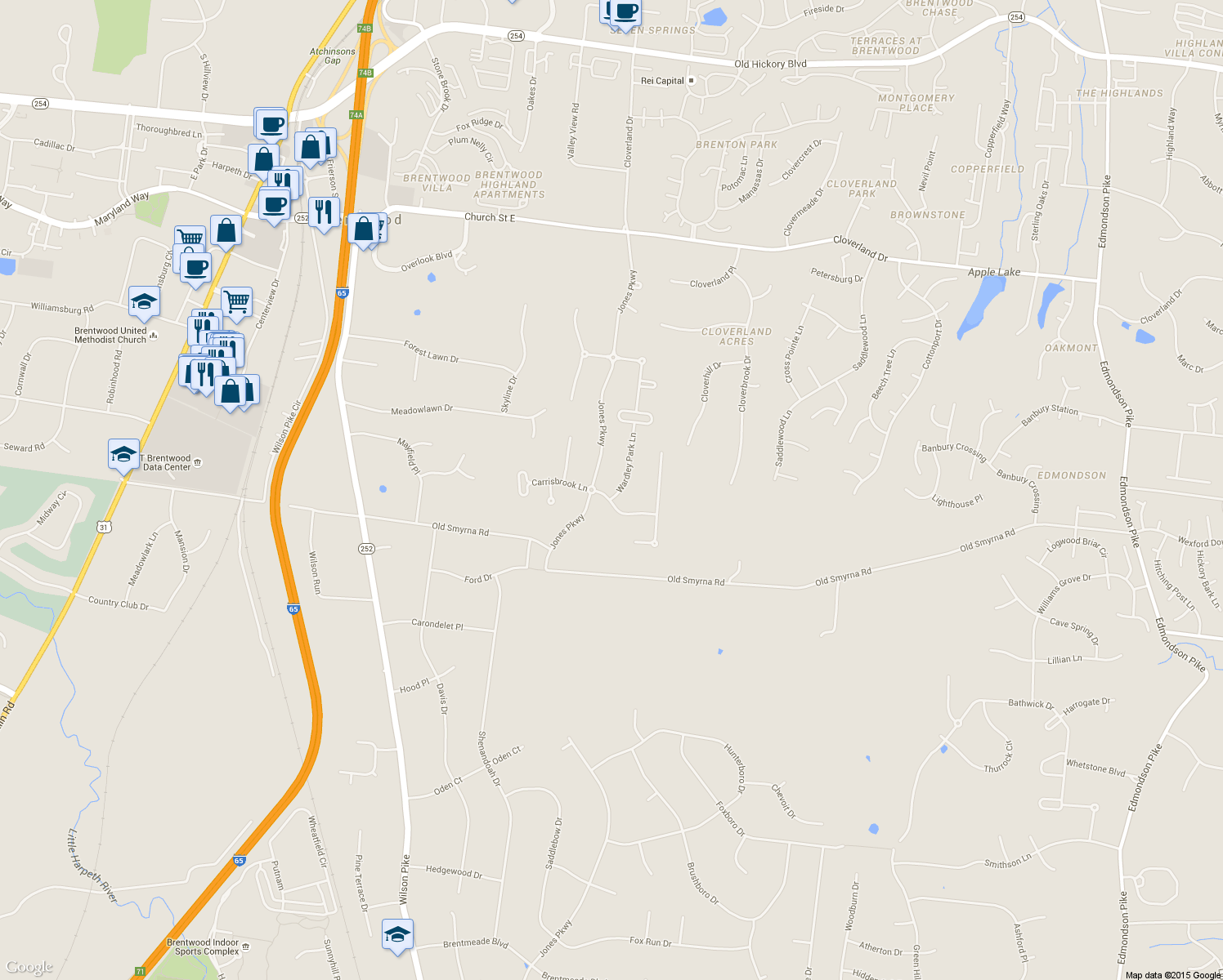 map of restaurants, bars, coffee shops, grocery stores, and more near 9252 Carrisbrook Ln in Brentwood
