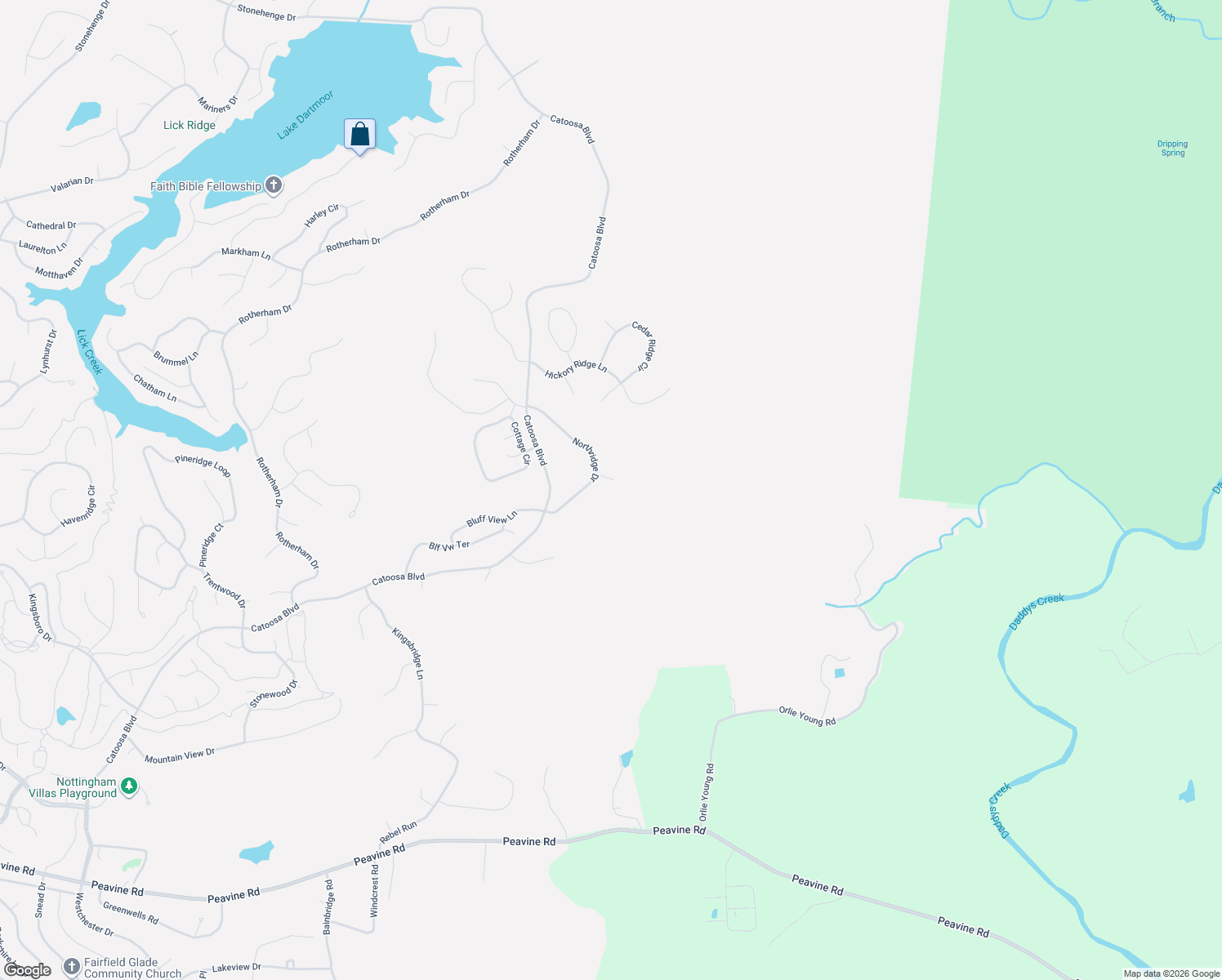 map of restaurants, bars, coffee shops, grocery stores, and more near 14 Northridge Terrace in Crossville
