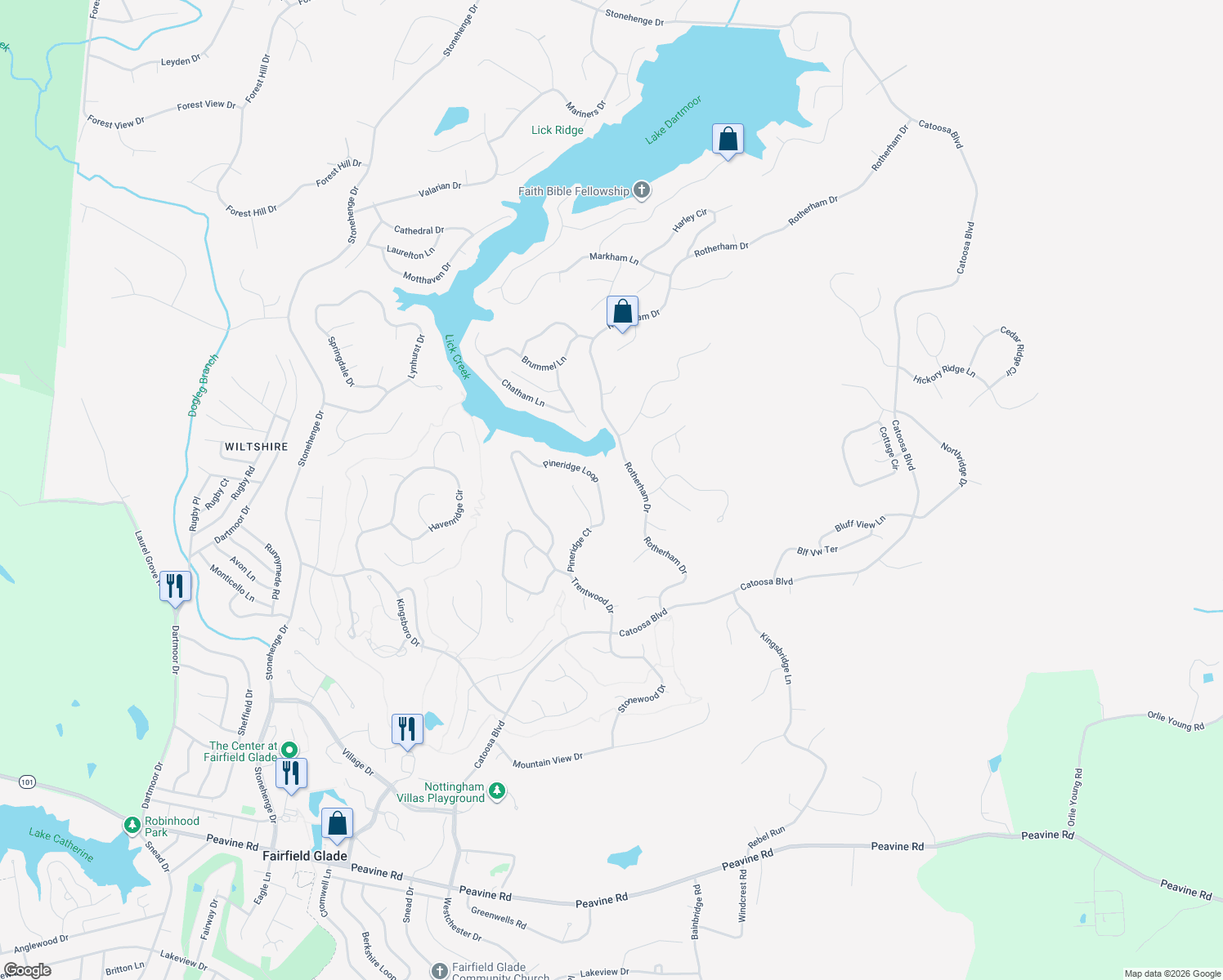 map of restaurants, bars, coffee shops, grocery stores, and more near 159 Rotherham Drive in Crossville
