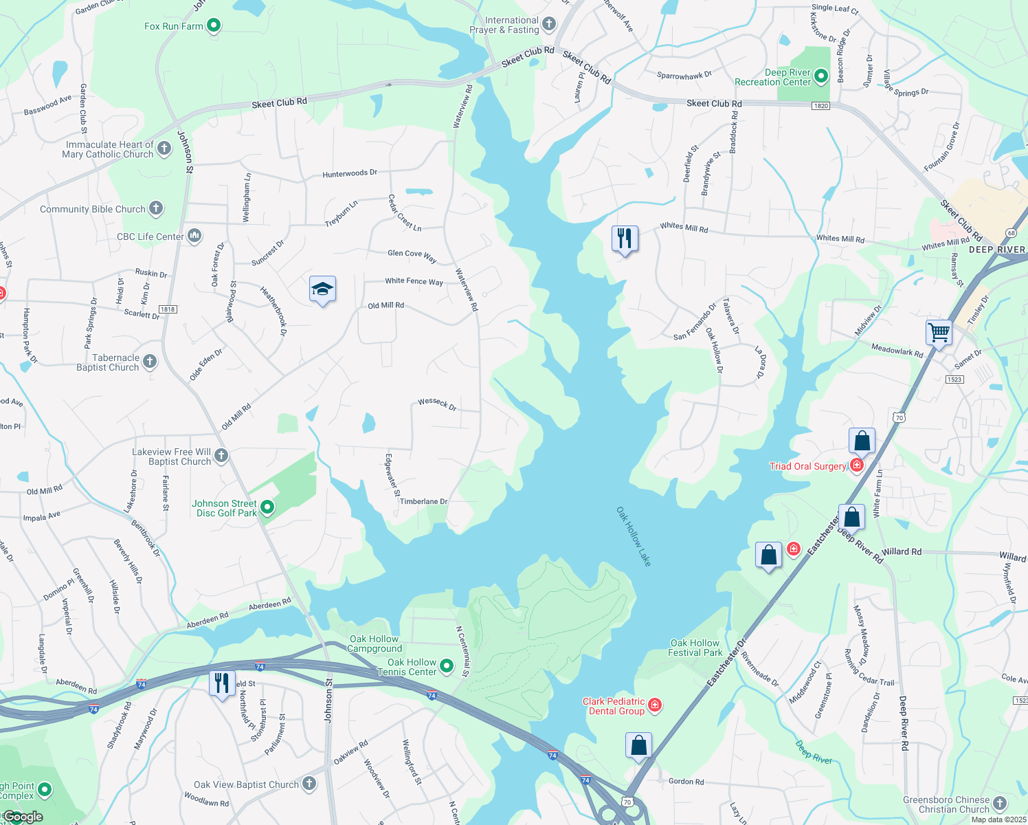 map of restaurants, bars, coffee shops, grocery stores, and more near 2515 Burch Point in High Point