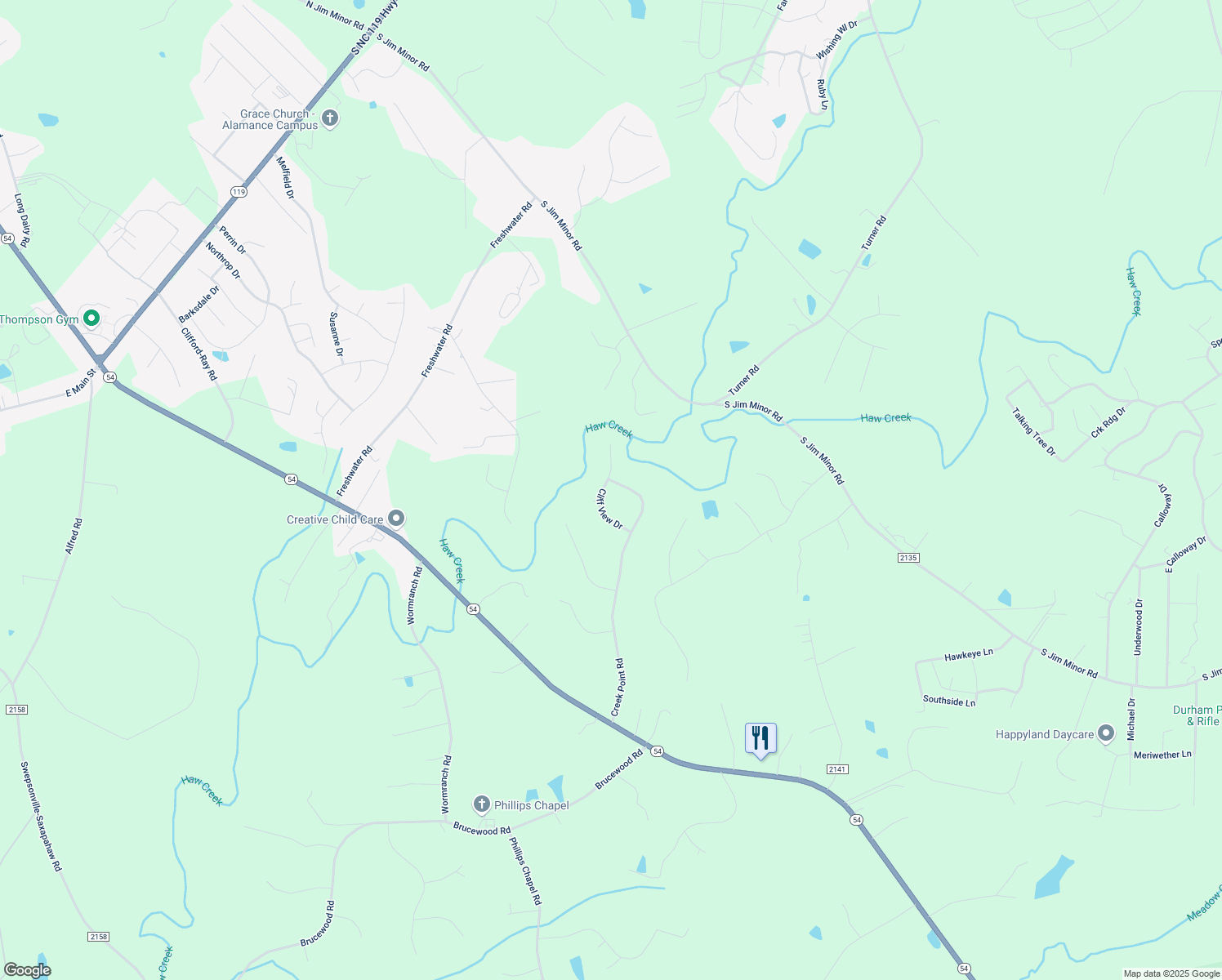 map of restaurants, bars, coffee shops, grocery stores, and more near 2710 Cliff View Drive in Graham