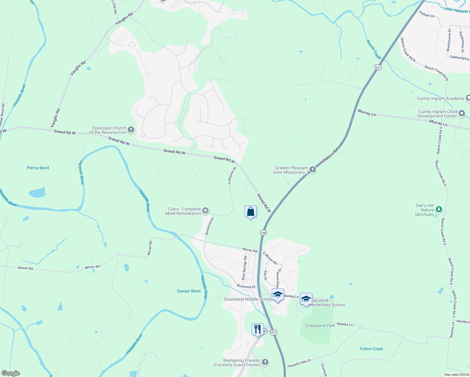 map of restaurants, bars, coffee shops, grocery stores, and more near 2320 Foxhaven Drive in Franklin