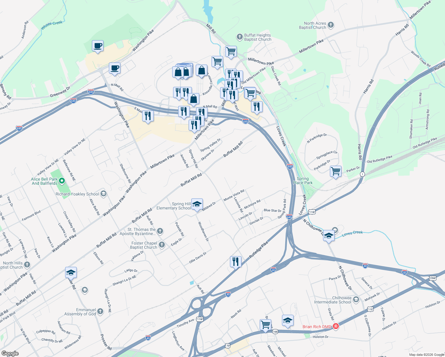 map of restaurants, bars, coffee shops, grocery stores, and more near 1623 Leconte Rd in Knoxville