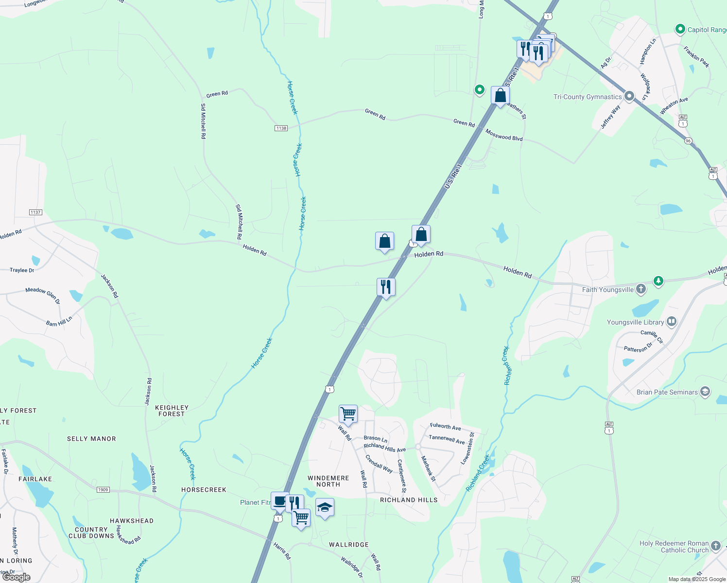 map of restaurants, bars, coffee shops, grocery stores, and more near 113 Sunset Drive in Youngsville