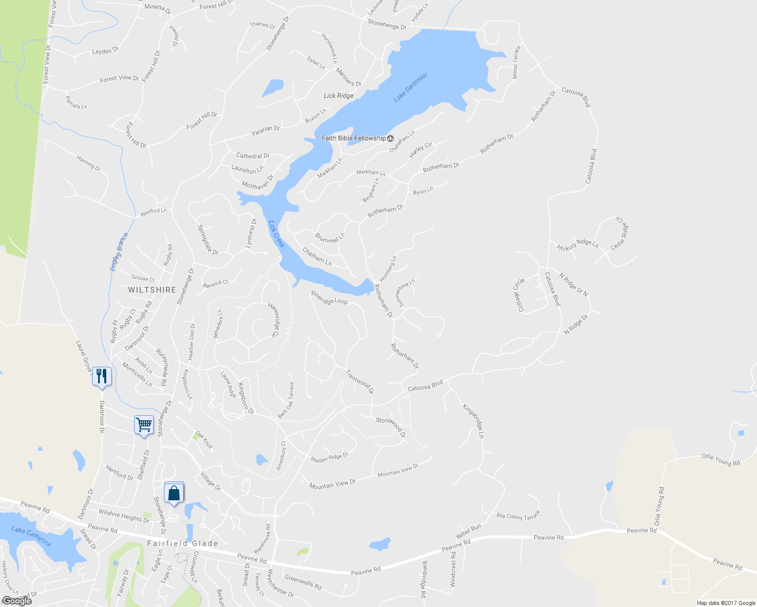 map of restaurants, bars, coffee shops, grocery stores, and more near 159 Rotherham Drive in Crossville