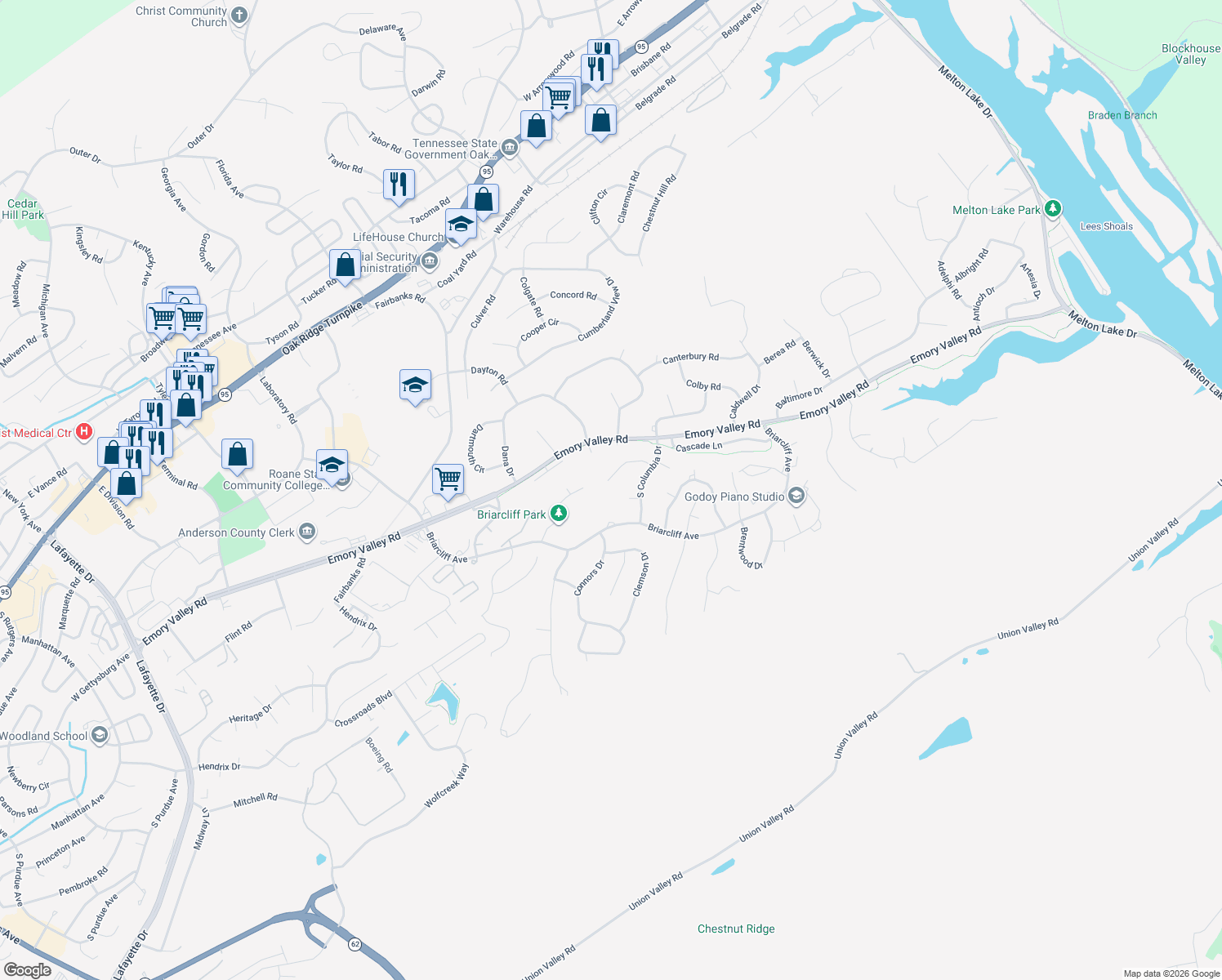 map of restaurants, bars, coffee shops, grocery stores, and more near 111 Cypress Lane in Oak Ridge