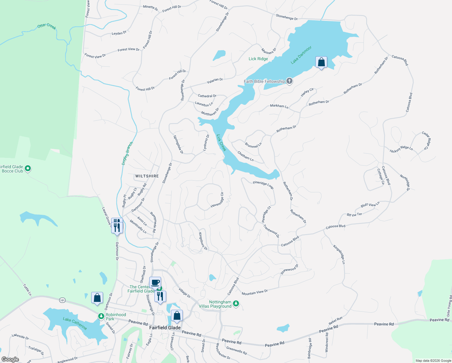map of restaurants, bars, coffee shops, grocery stores, and more near 141 Havenridge Circle in Crossville