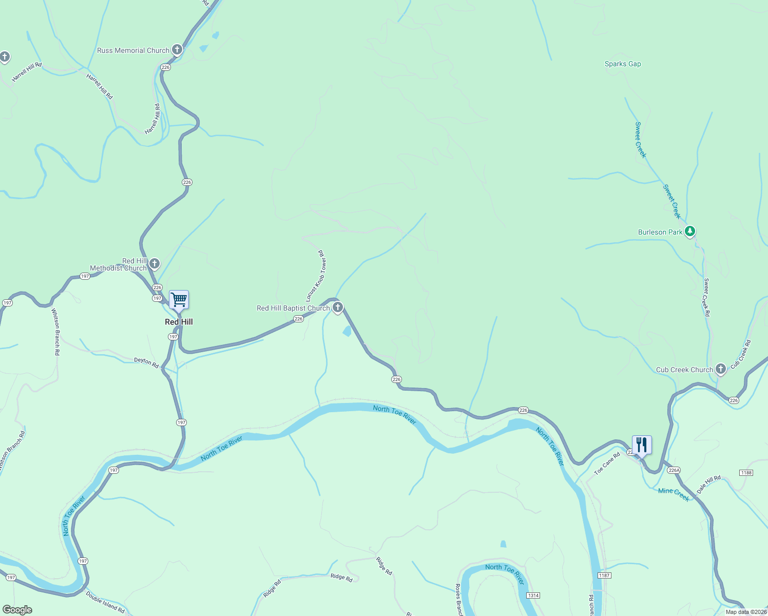 map of restaurants, bars, coffee shops, grocery stores, and more near 4404 North 226 Highway in Bakersville