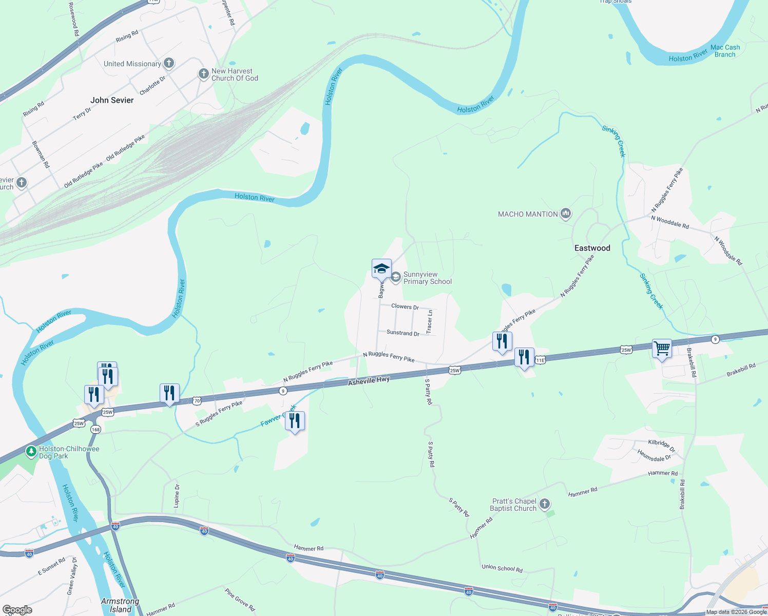 map of restaurants, bars, coffee shops, grocery stores, and more near 6904 Clowers Drive in Knoxville
