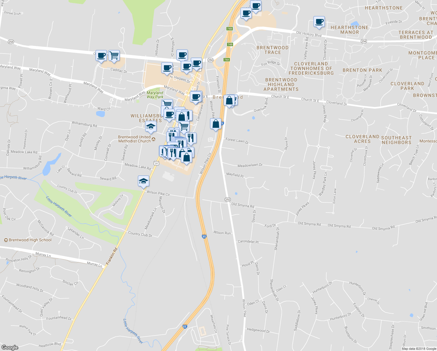 map of restaurants, bars, coffee shops, grocery stores, and more near 401 Wilson Pike in Brentwood