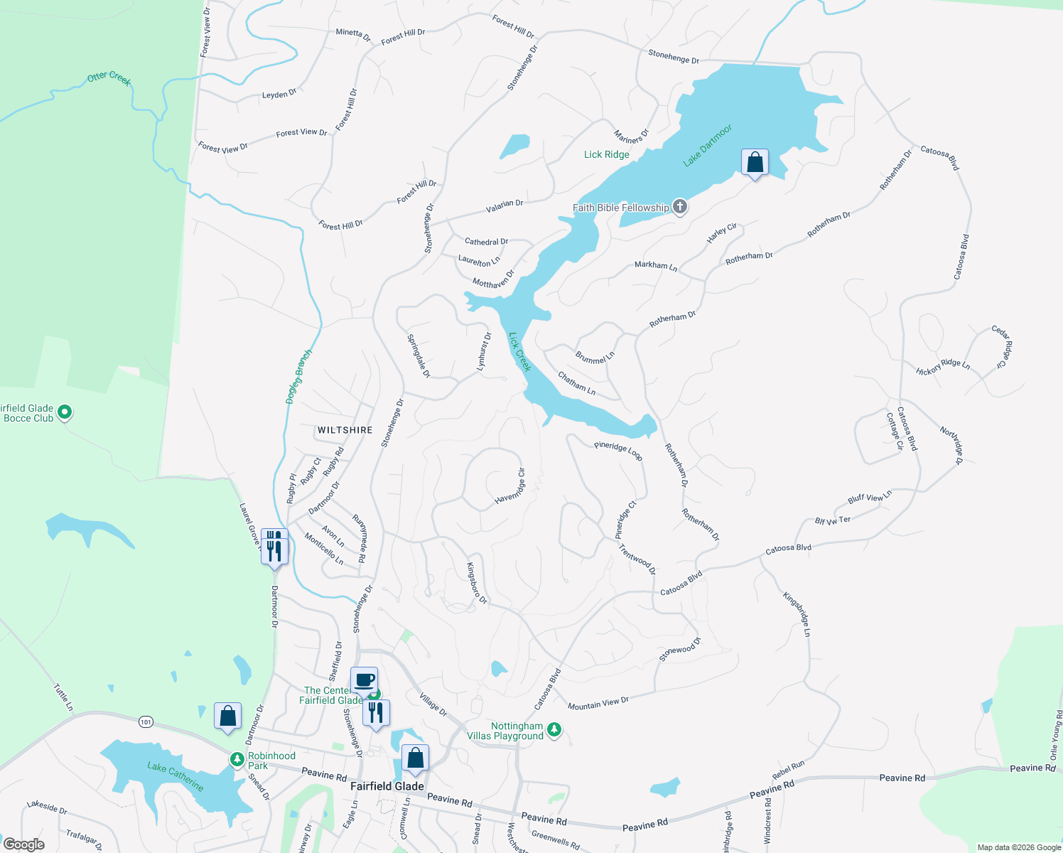 map of restaurants, bars, coffee shops, grocery stores, and more near 29 Claremont Circle in Crossville