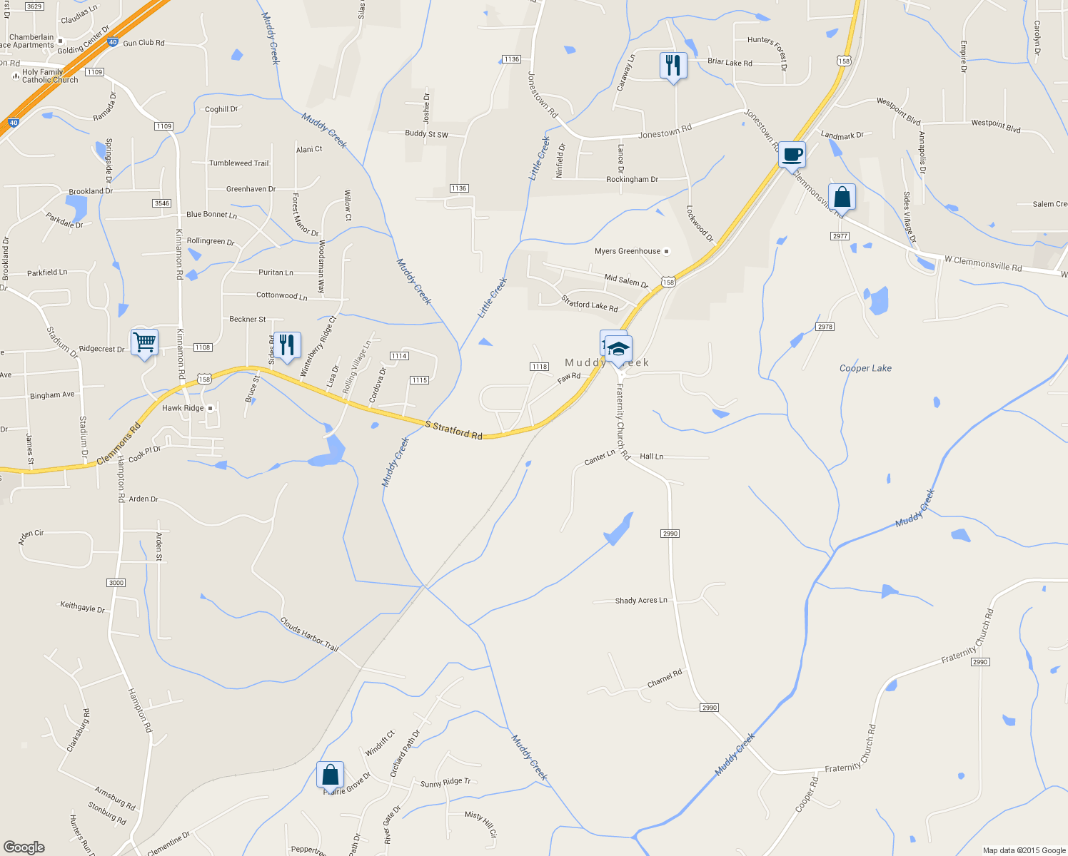 map of restaurants, bars, coffee shops, grocery stores, and more near 2999 South Stratford Road in Winston-Salem