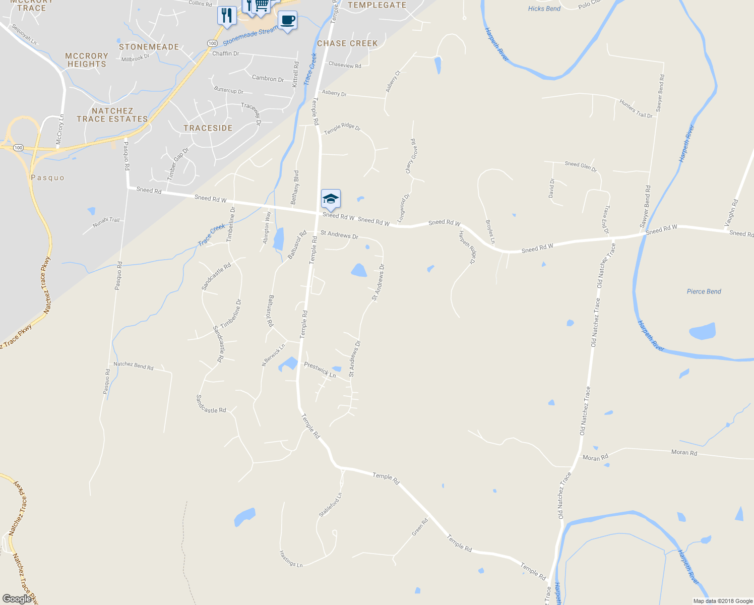 map of restaurants, bars, coffee shops, grocery stores, and more near 106 Oakmont Drive in Franklin