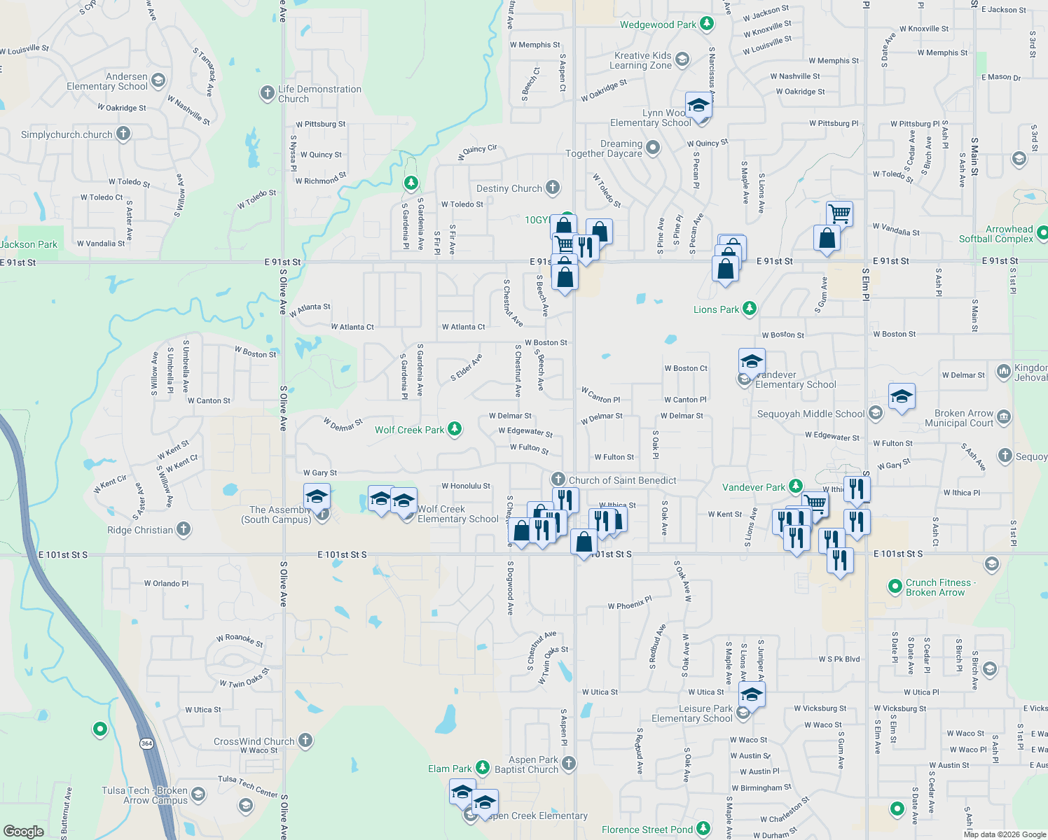map of restaurants, bars, coffee shops, grocery stores, and more near 2309 West Delmar Street in Broken Arrow
