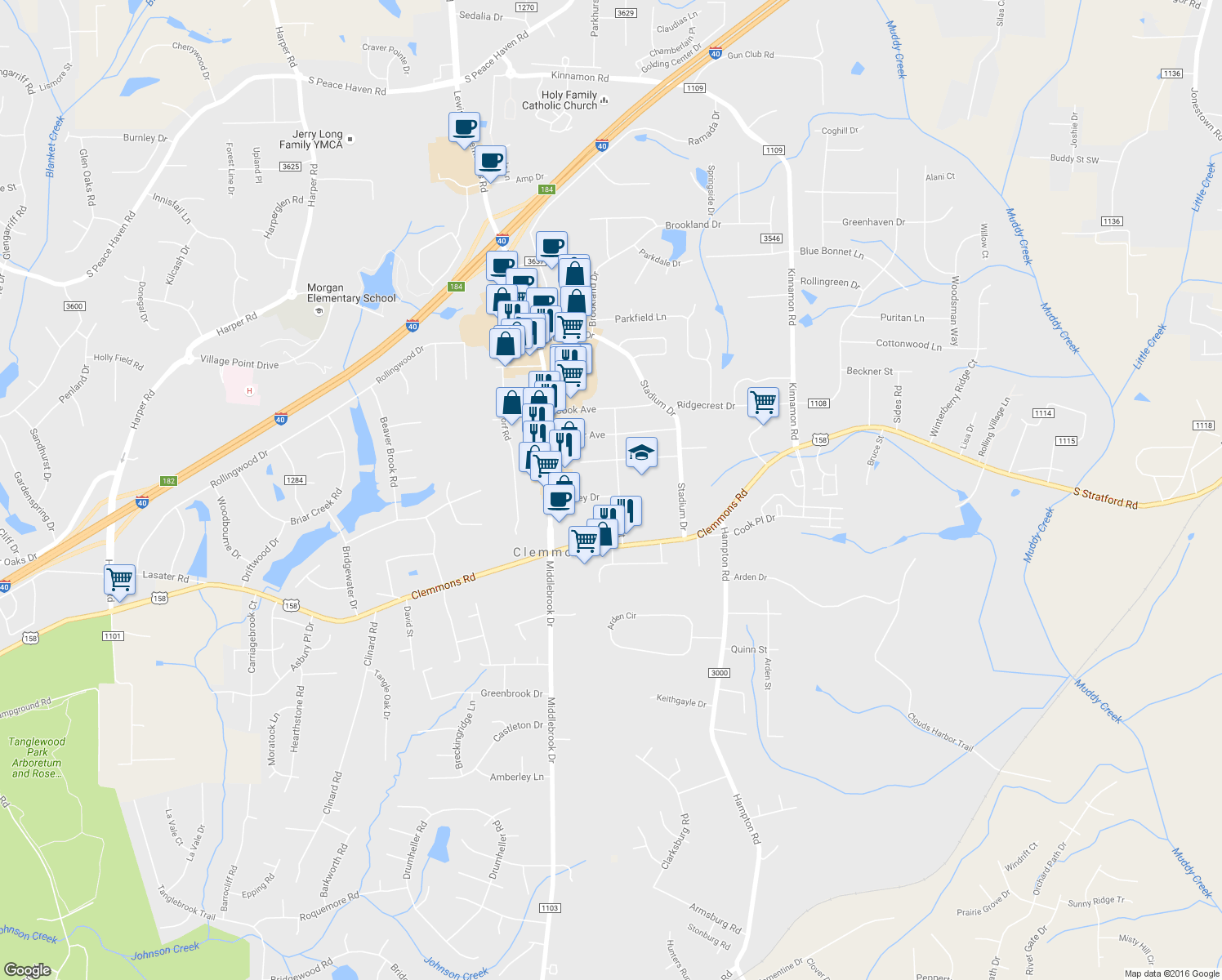 map of restaurants, bars, coffee shops, grocery stores, and more near 6040 James Street in Clemmons