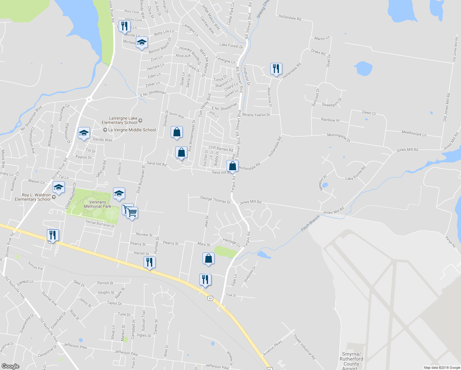 map of restaurants, bars, coffee shops, grocery stores, and more near 315 Fergus Road in La Vergne