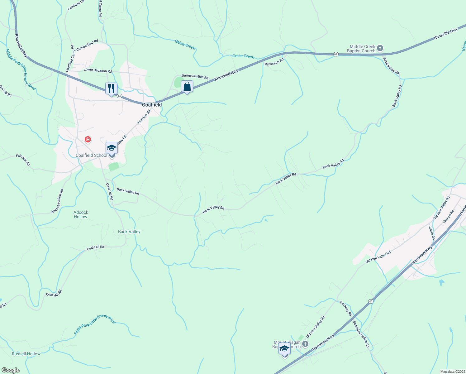 map of restaurants, bars, coffee shops, grocery stores, and more near 526 Back Valley Road in Oliver Springs