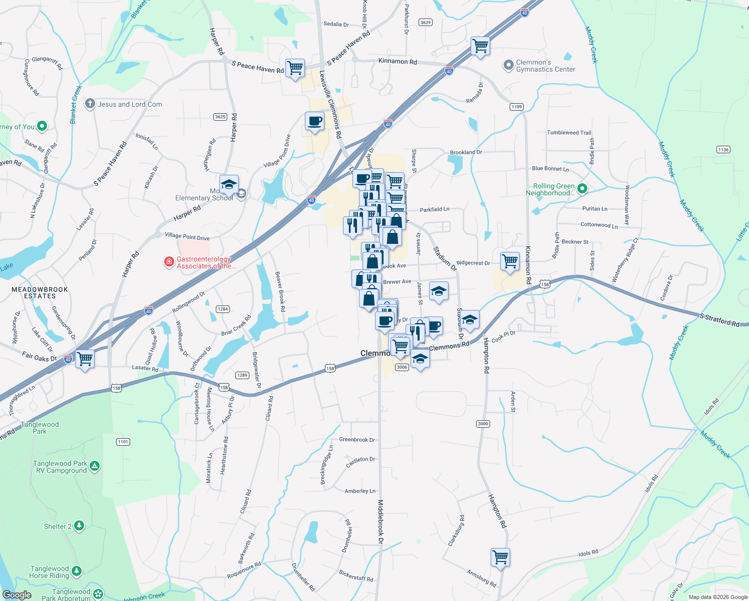 map of restaurants, bars, coffee shops, grocery stores, and more near 2668 Lewisville Clemmons Rd in Clemmons
