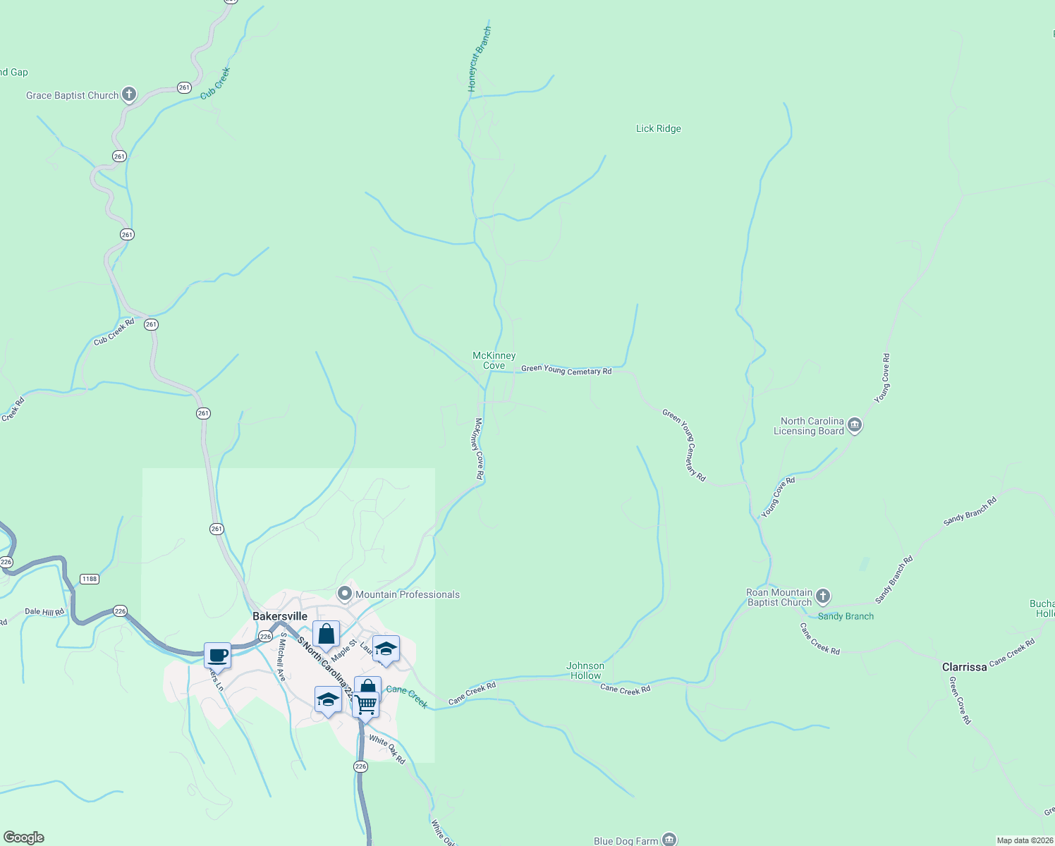 map of restaurants, bars, coffee shops, grocery stores, and more near 493 Spring Hill Road in Bakersville