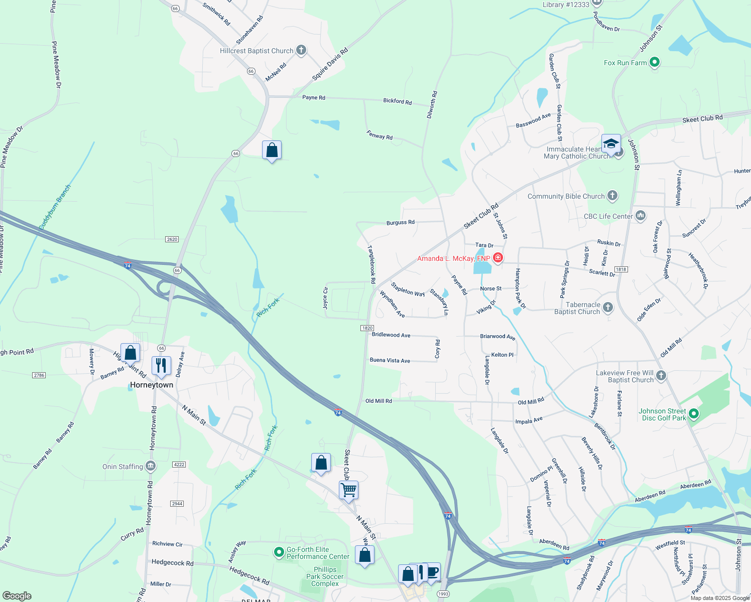 map of restaurants, bars, coffee shops, grocery stores, and more near 122 Wyndham Court in High Point
