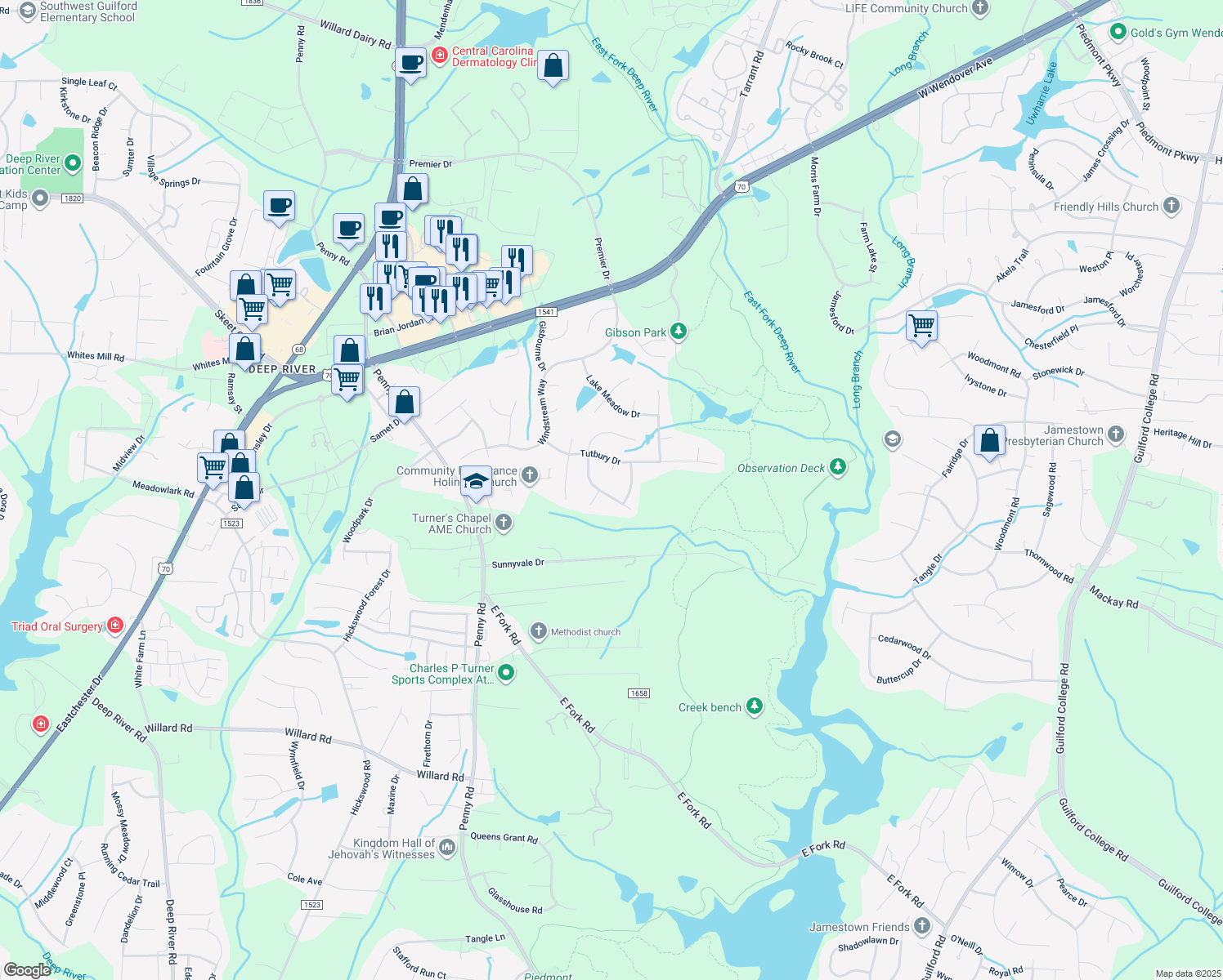 map of restaurants, bars, coffee shops, grocery stores, and more near 3310 Cherrybrook Drive in Jamestown