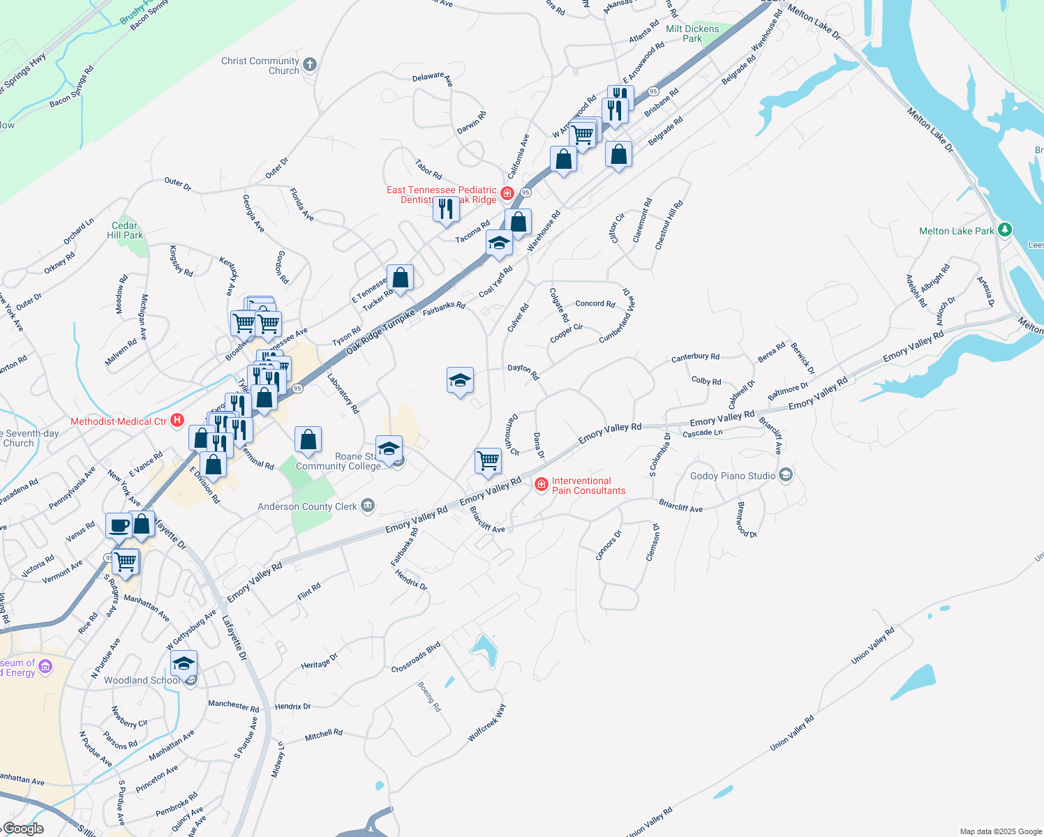map of restaurants, bars, coffee shops, grocery stores, and more near 103 Dartmouth Circle in Oak Ridge