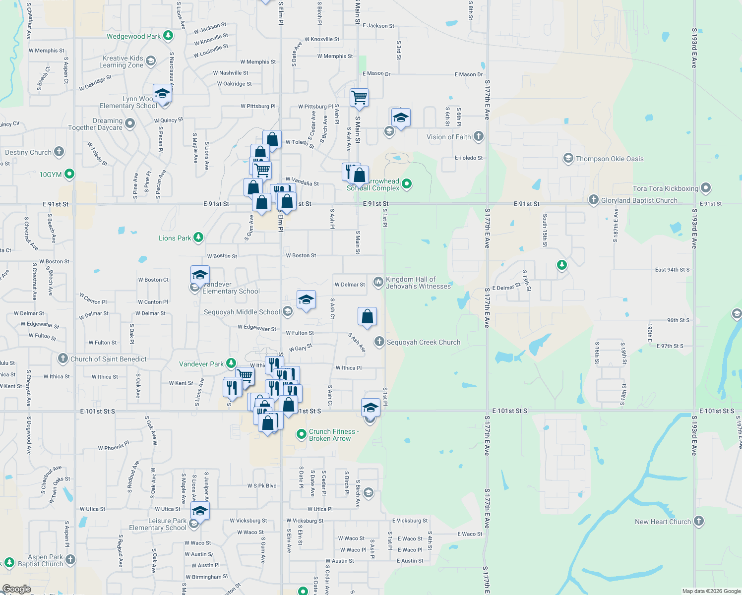 map of restaurants, bars, coffee shops, grocery stores, and more near 2317 South 1st Street in Broken Arrow