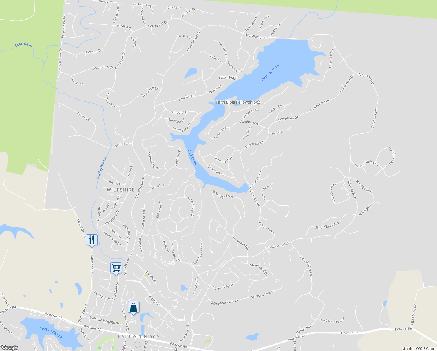 map of restaurants, bars, coffee shops, grocery stores, and more near 124 Chatham Lane in Crossville