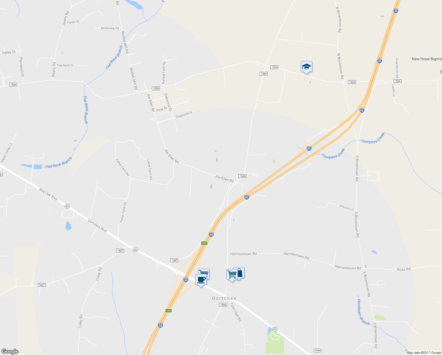 map of restaurants, bars, coffee shops, grocery stores, and more near Joe Ellen Road in Nash County
