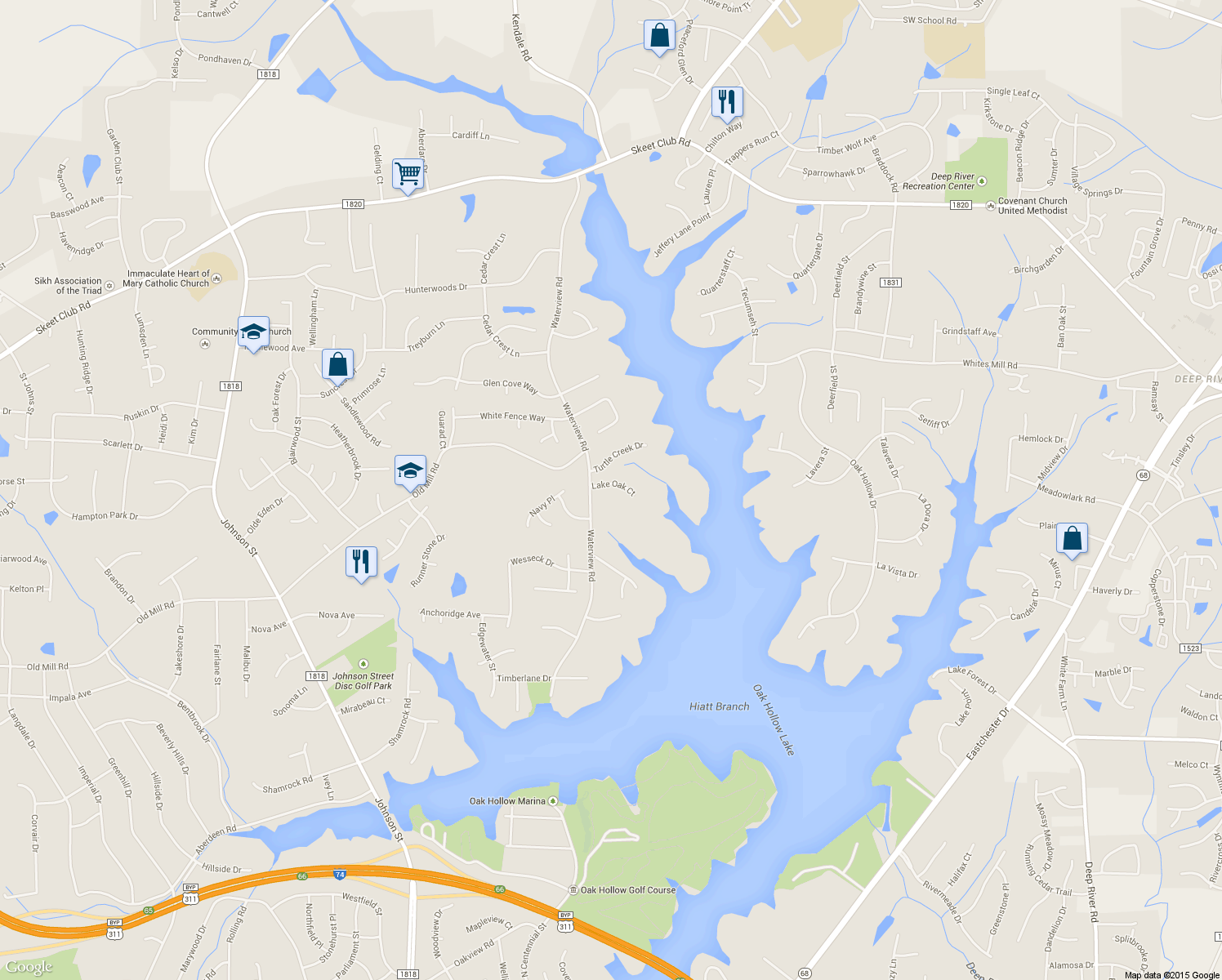 map of restaurants, bars, coffee shops, grocery stores, and more near 2414 Lake Oak Court in High Point