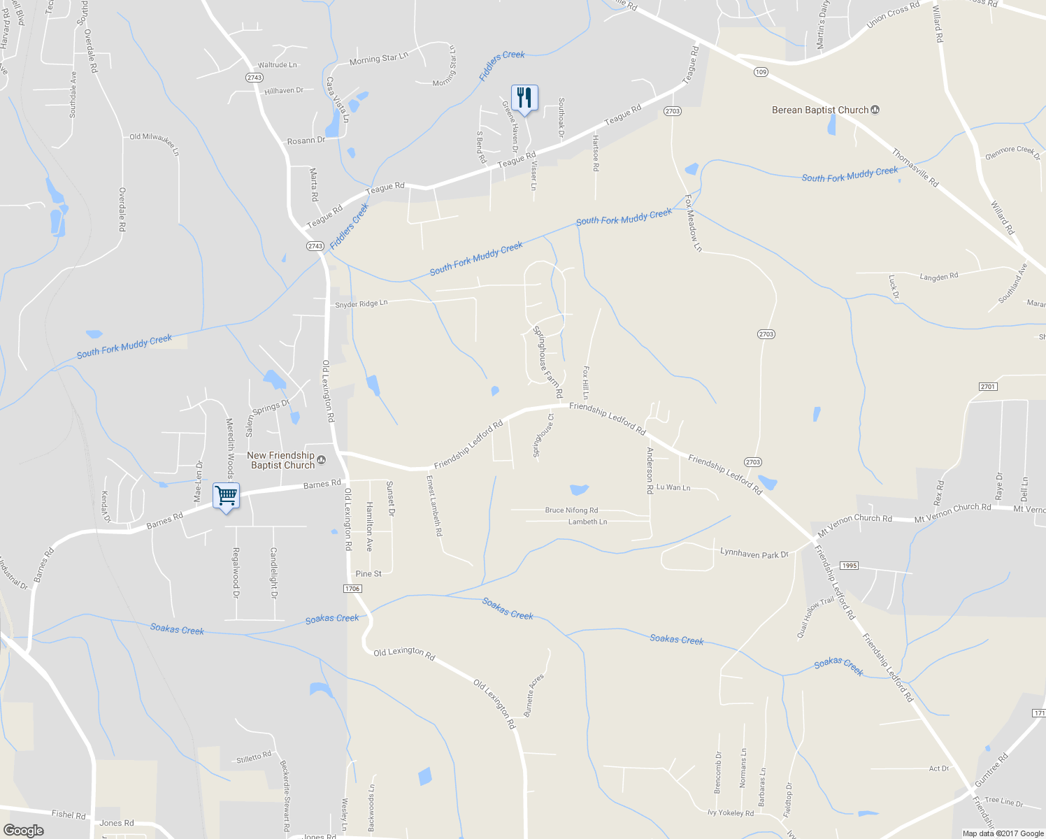 map of restaurants, bars, coffee shops, grocery stores, and more near 7597 Friendship Ledford Road in Winston-Salem