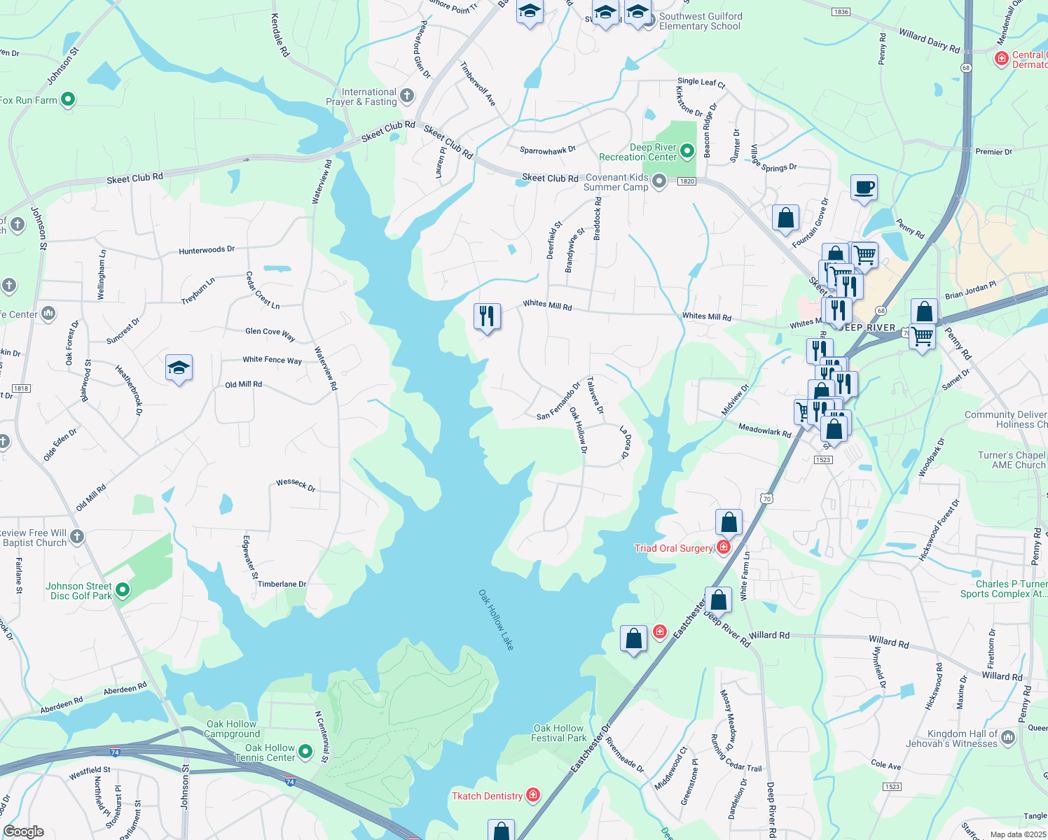 map of restaurants, bars, coffee shops, grocery stores, and more near 4306 La Vera Street in High Point