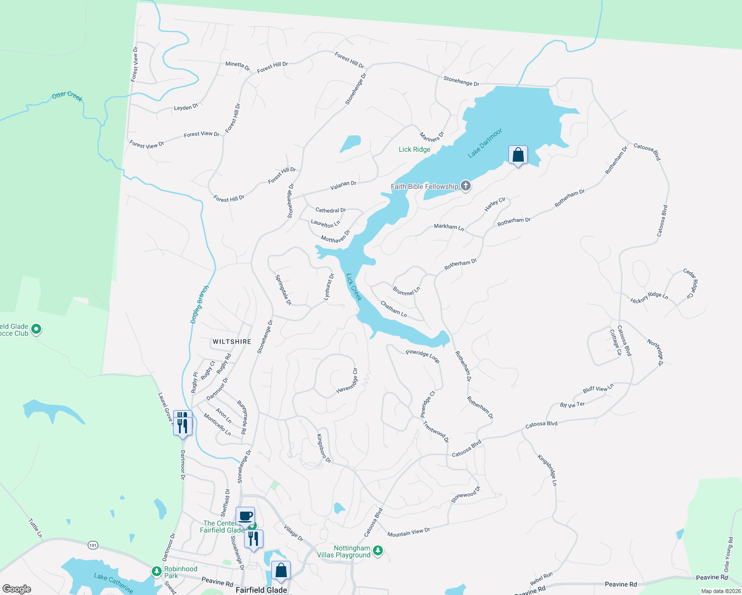 map of restaurants, bars, coffee shops, grocery stores, and more near 102 Chatham Lane in Crossville