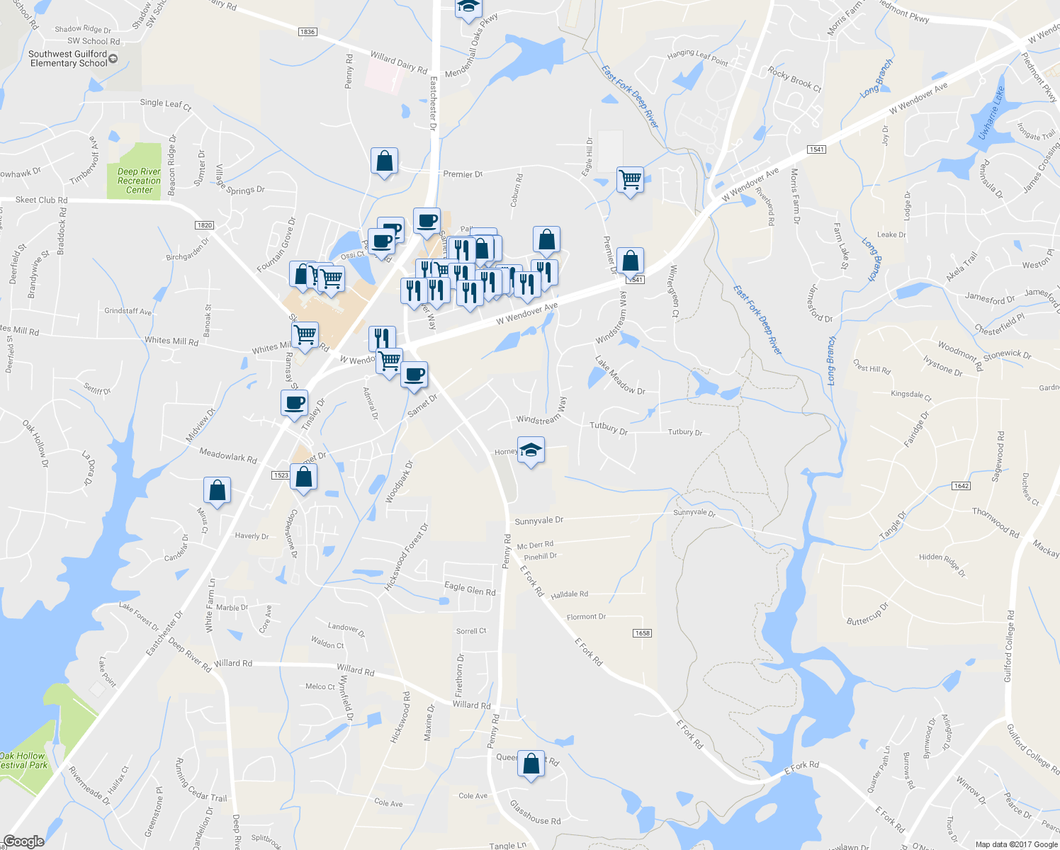 map of restaurants, bars, coffee shops, grocery stores, and more near 3776 Windstream Way in Jamestown