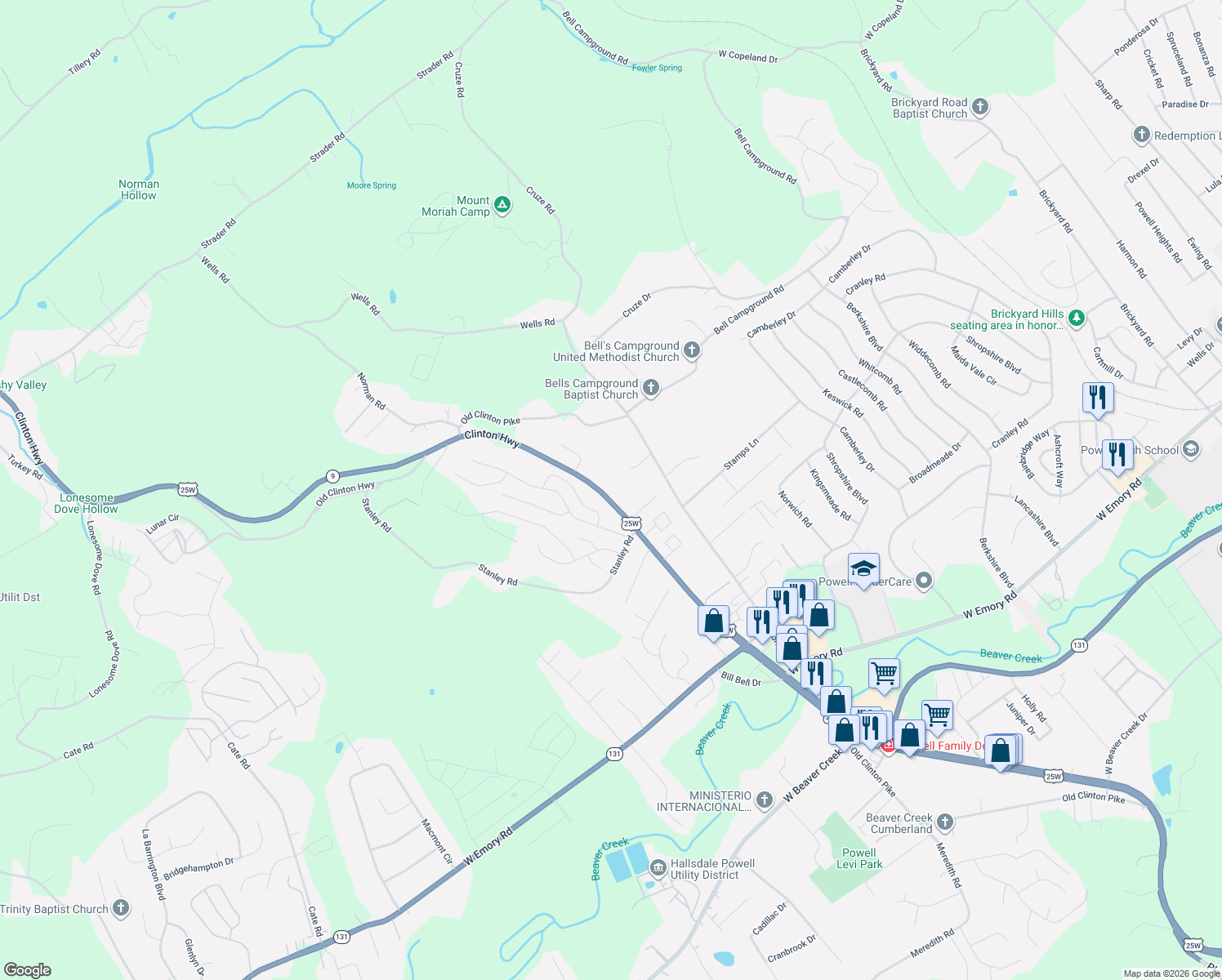 map of restaurants, bars, coffee shops, grocery stores, and more near 7830 Clinton Highway in Powell