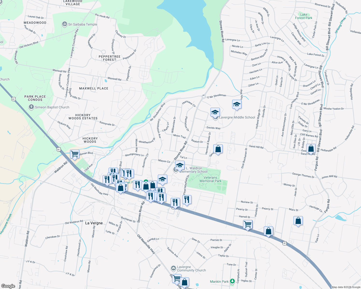 map of restaurants, bars, coffee shops, grocery stores, and more near 1117 Cricket Street in La Vergne