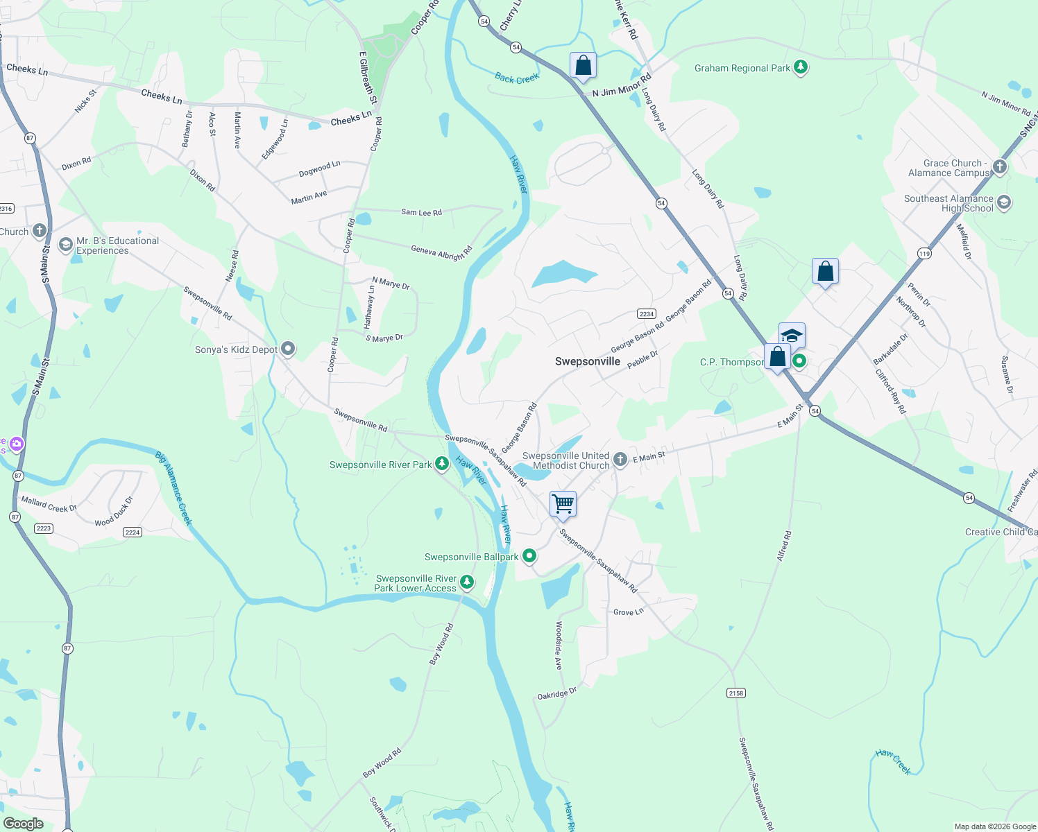 map of restaurants, bars, coffee shops, grocery stores, and more near 1064 George Bason Road in Graham