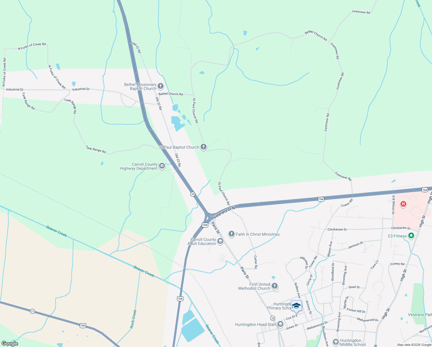 map of restaurants, bars, coffee shops, grocery stores, and more near 375 Saint Paul Church Road in Huntingdon