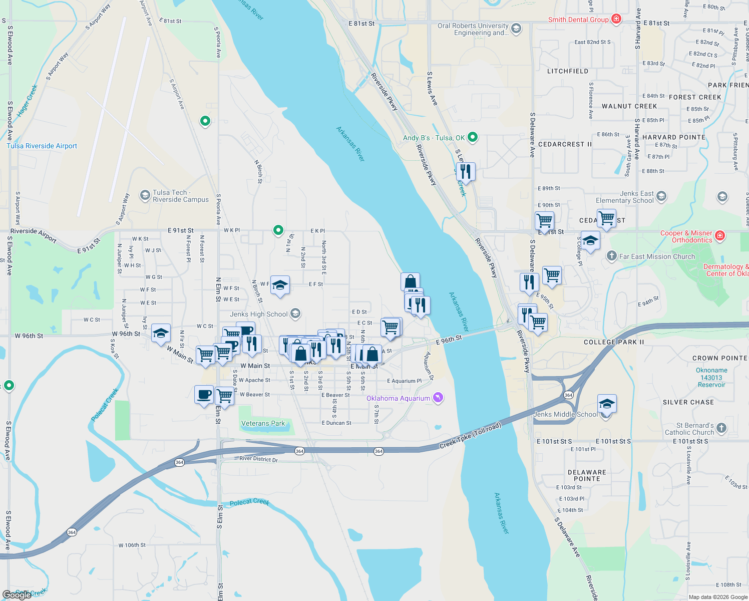 map of restaurants, bars, coffee shops, grocery stores, and more near 517 North 6th Street in Jenks
