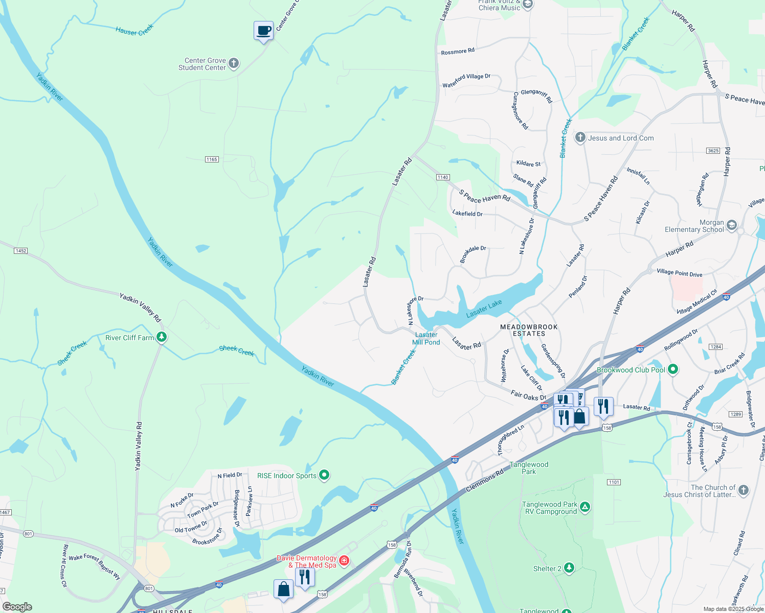 map of restaurants, bars, coffee shops, grocery stores, and more near 8075 Lasater Road in Clemmons