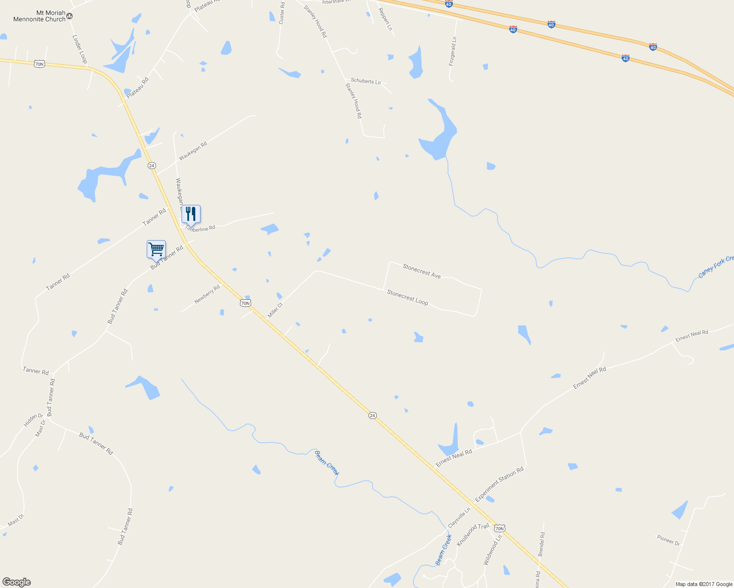 map of restaurants, bars, coffee shops, grocery stores, and more near 380 Stonecrest Loop in Crossville