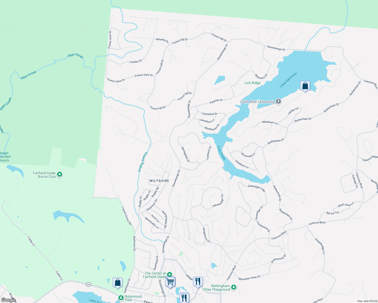 map of restaurants, bars, coffee shops, grocery stores, and more near 14 Park Terrace in Crossville