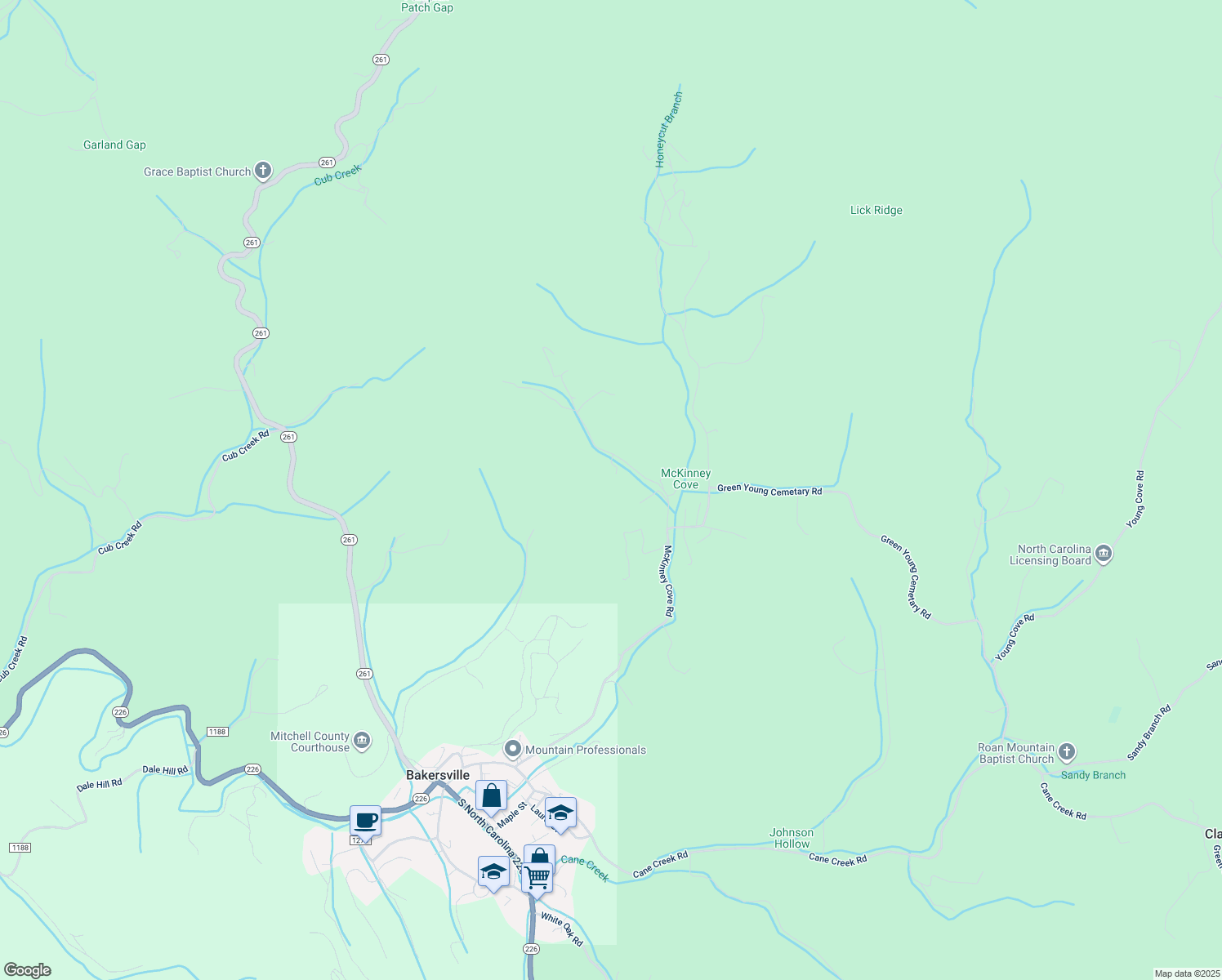 map of restaurants, bars, coffee shops, grocery stores, and more near in Bakersville