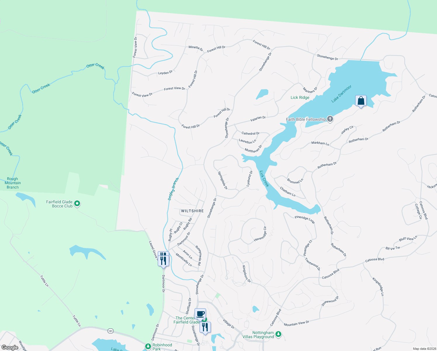 map of restaurants, bars, coffee shops, grocery stores, and more near 24 Ridge Crest Court in Crossville