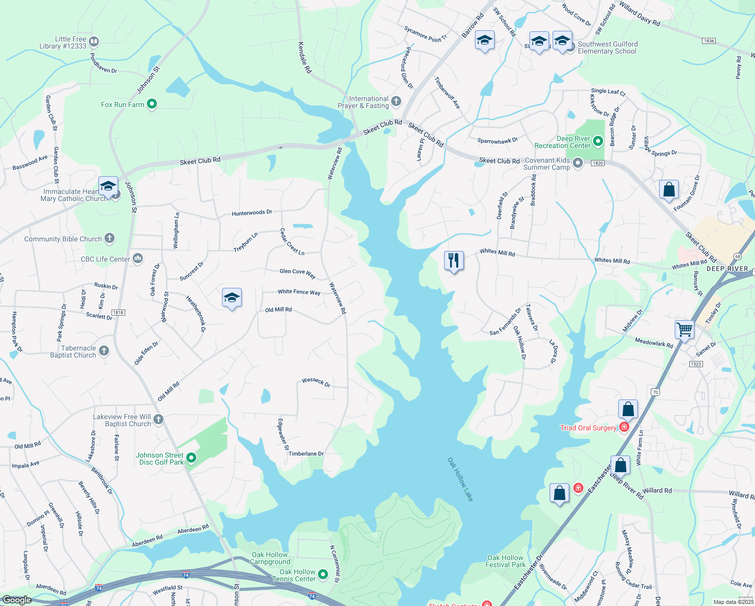 map of restaurants, bars, coffee shops, grocery stores, and more near 2629 Turtle Creek Drive in High Point