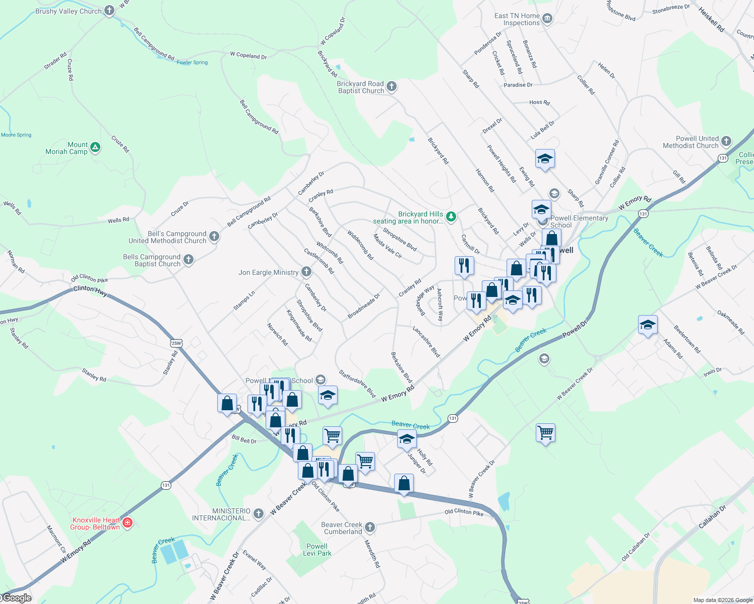 map of restaurants, bars, coffee shops, grocery stores, and more near 2812 Broadmeade Drive in Powell